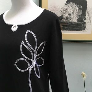 Villager Black Sweater w/ White Trim & Embroidery